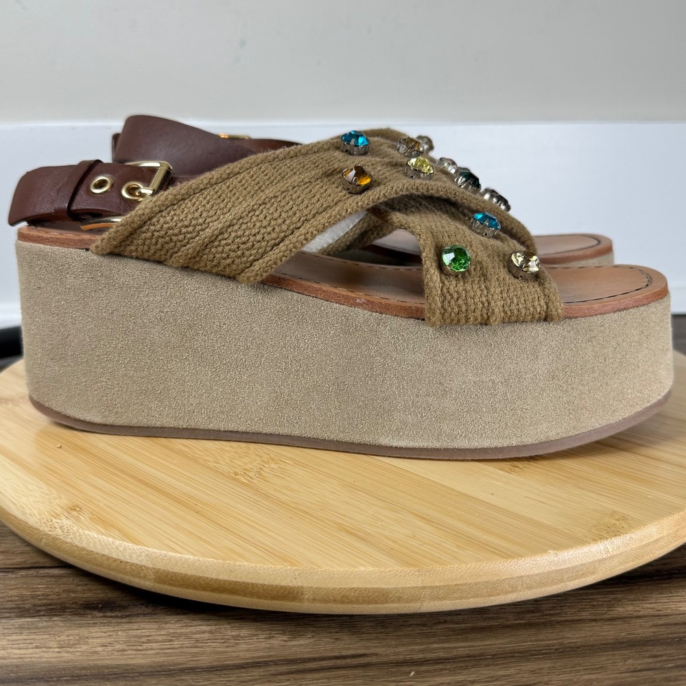 Free People Beach Club Platform Sandals Womens 8 Tan Jeweled Boho Chunky Shoes